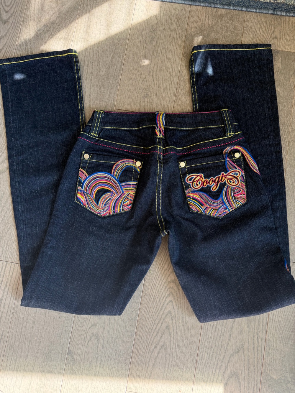 COOGI Dark Indigo Boot Cut Jeans with Multicolor Embroidered Pockets